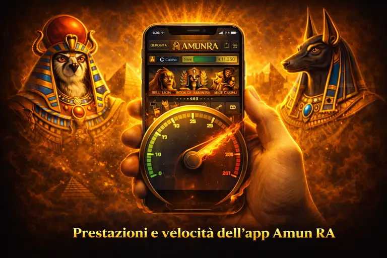 Prestazioni dell'app AmunRA con tempi di caricamento su 4G e WiFi, stabilità del gameplay in tempo reale e recupero automatico della sessione
