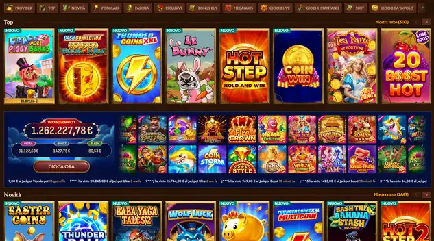 Sezione casinò principale di AmunRA con oltre 6.000 slot, 830 tavoli live, jackpot progressivi e giochi organizzati per fornitore e volatilità