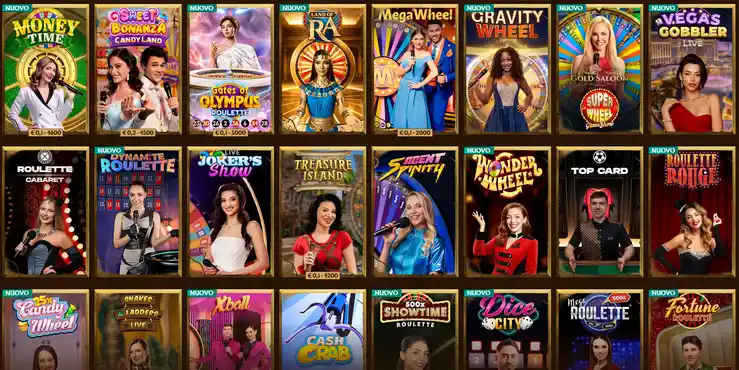 Pagina dei game show sul sito Amun Ra con formati live di intrattenimento, conduttori, Lightning Roulette, Dream Catcher e round bonus interattivi