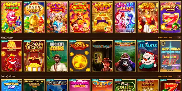 Sezione giochi jackpot su AmunRA Casino con WonderPot progressivo, Hot Jackpots, Daily Jackpots e Lucky Jackpot con montepremi in tempo reale