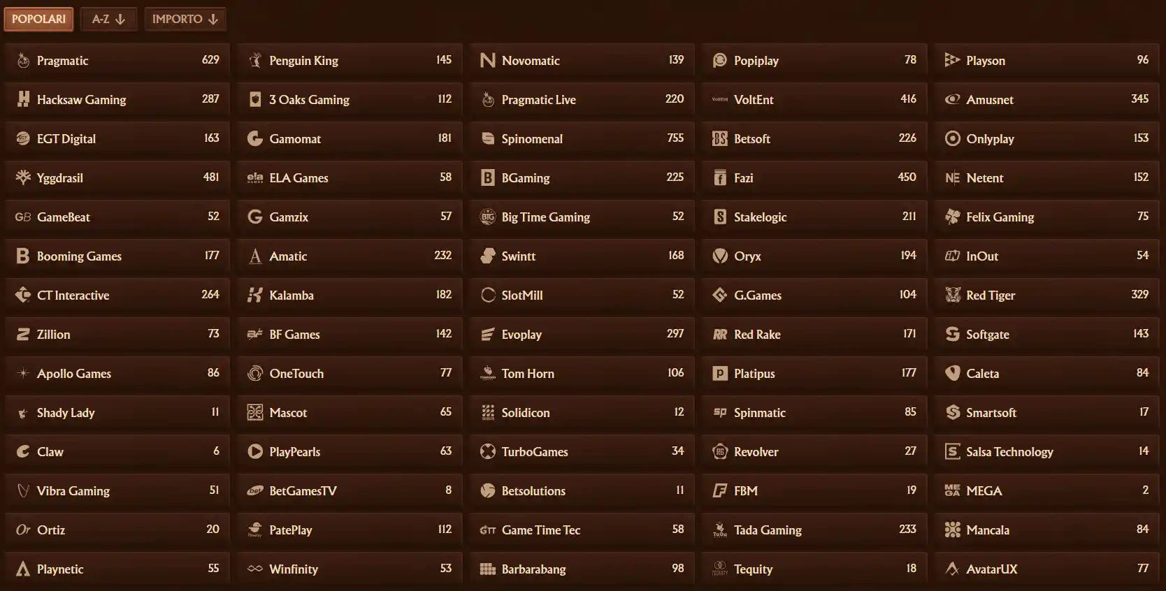 Lista fornitori software di AmunRA Casino con oltre 120 studi organizzati per livello tra top-tier, mid-tier, specializzati ed emergenti