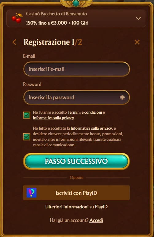 Modulo di registrazione AmunRA Casino con campi email, nome completo, data di nascita, password e conferma dei termini per la creazione dell'account