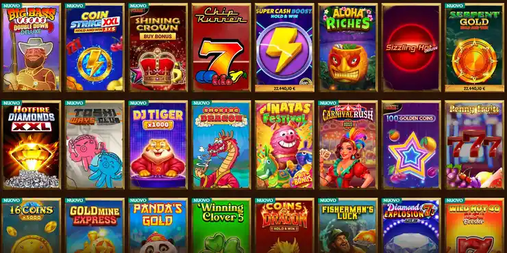 Pagina delle slot su AmunRA con libreria multi-livello organizzata per tipo, fornitore, volatilità, funzionalità e tema