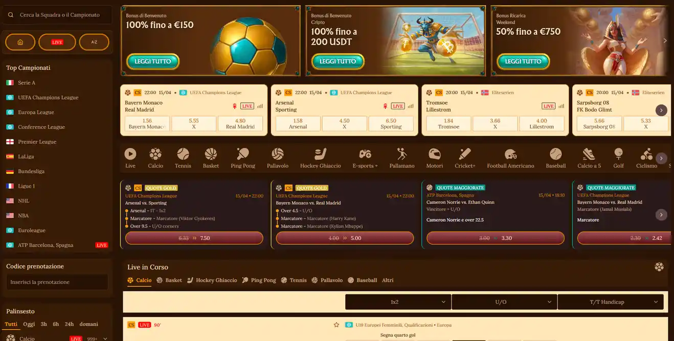 Pagina principale scommesse sportive Amun Ra con copertura calcio, basket, tennis, corse ippiche, sport virtuali e scommesse live