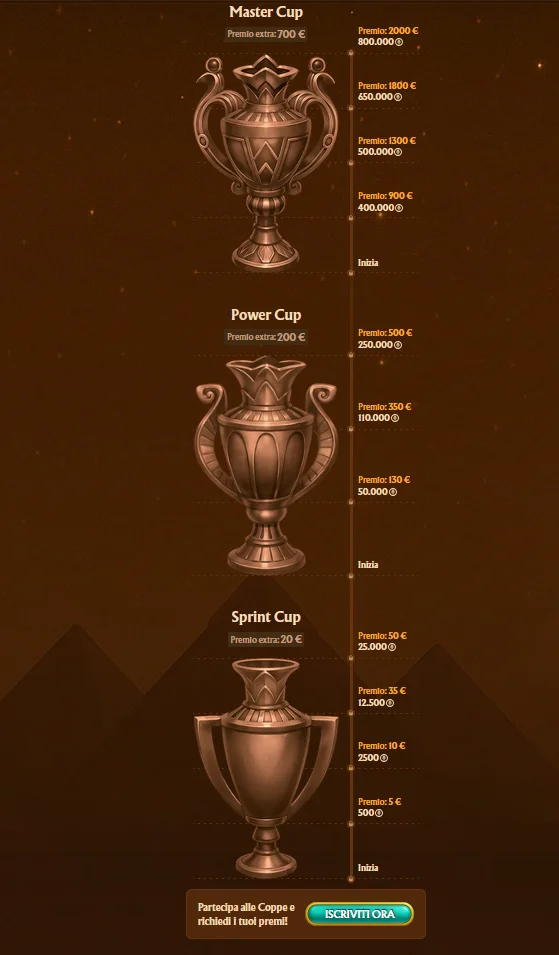 Pagina dei tornei su AmunRA Casino con classifica slot, sfide settimanali, collezioni di progressione e montepremi fino a 8.000 euro